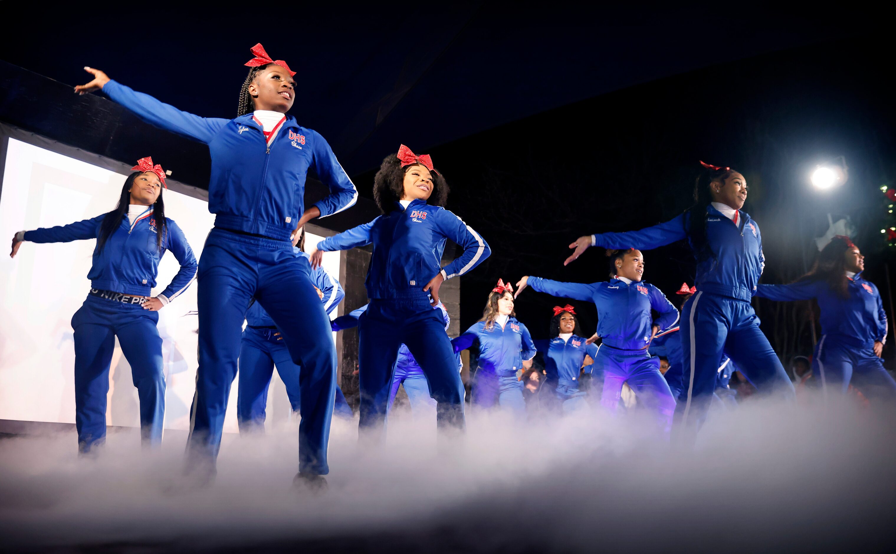 Cheerleaders perform during a celebration of the Duncanville High School football team’s...