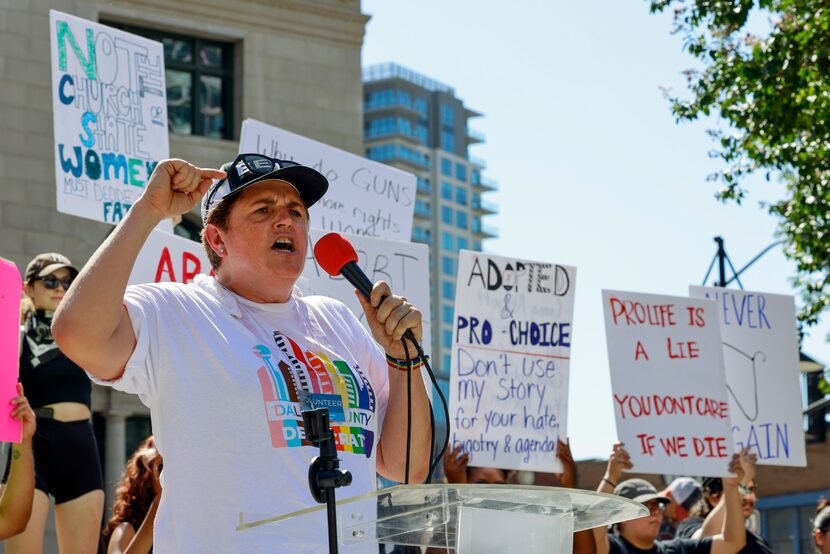 Kristy Noble, Dallas County Democratic chair, spoke during an abortion rights rally at Main...