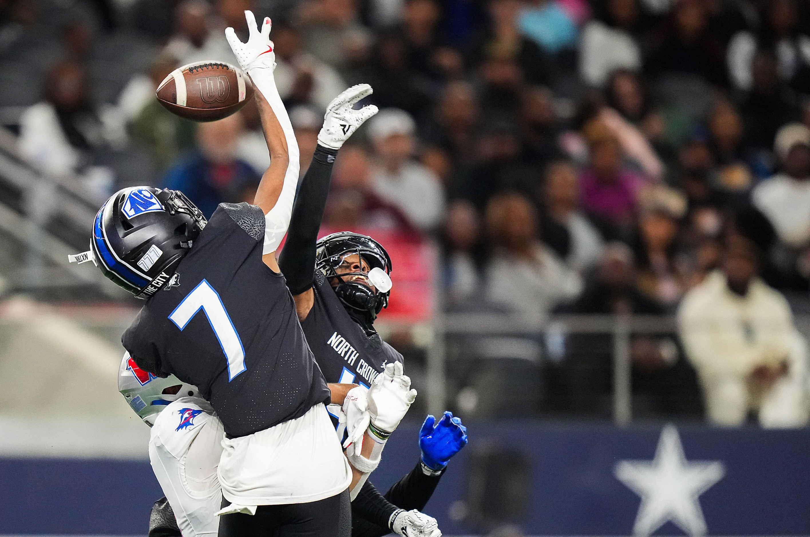 North Crowley defensive backs Camren Boyd (7) and Draden Fullbright (4) knock down a pass...