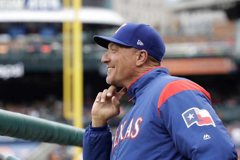 Texas Rangers manager Jeff Banister is seen during the first inning of a baseball game...