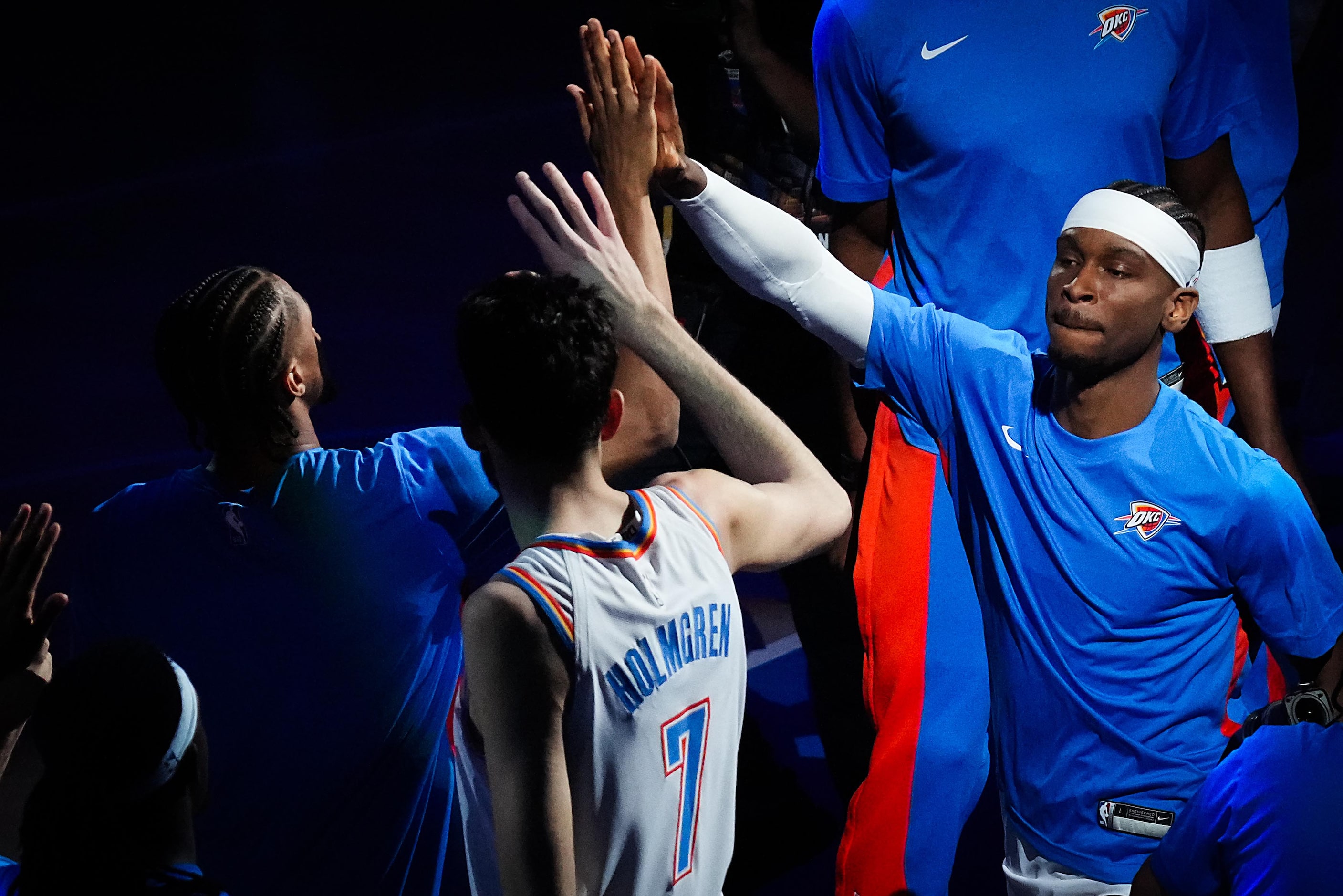 Oklahoma City Thunder guard Shai Gilgeous-Alexander is introduced before Game 1 of an NBA...