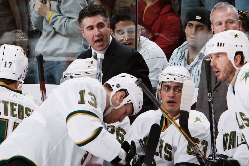 COLUMBUS, OH - FEBRUARY 16: Head coach Dave Tippett of the Dallas Stars instructs his team...