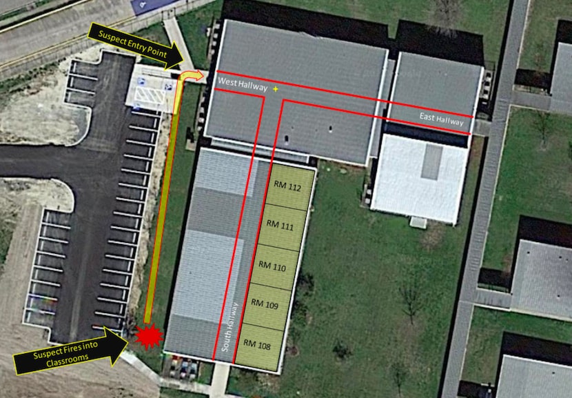 A diagram highlighting where the Uvalde gunman entered Robb Elementary School and the...