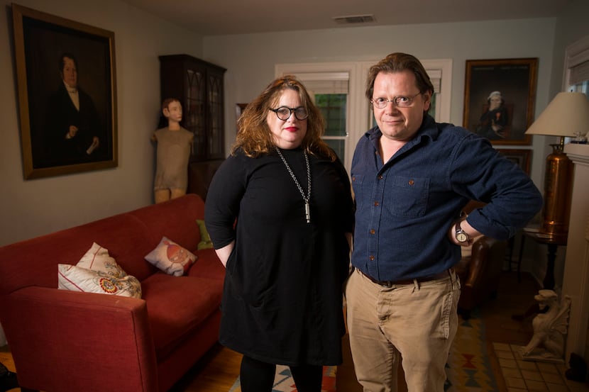 Authors and spouses Elizabeth McCracken and Edward Carey pose for a portrait in their home...