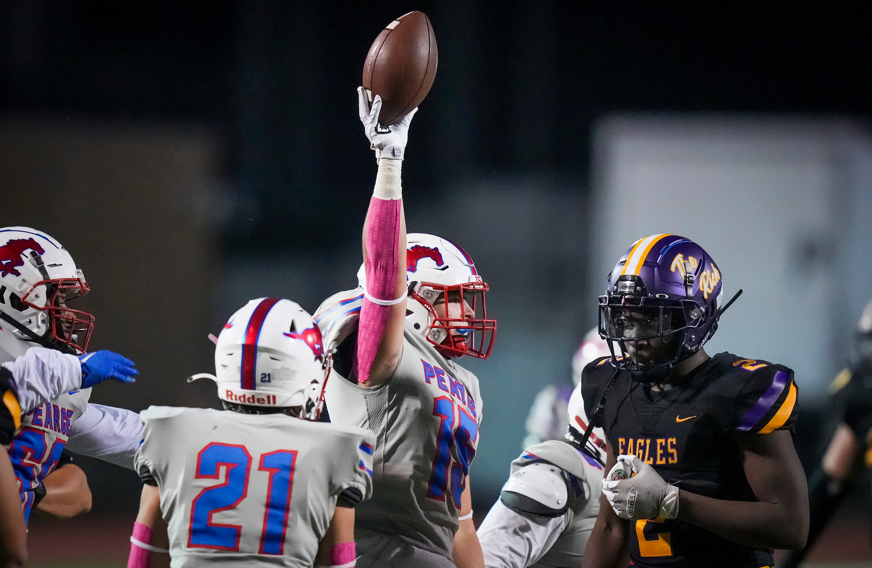 Richardson Pearce linebacker Clark Wilson (15) celebrates after recovering a fumble during...