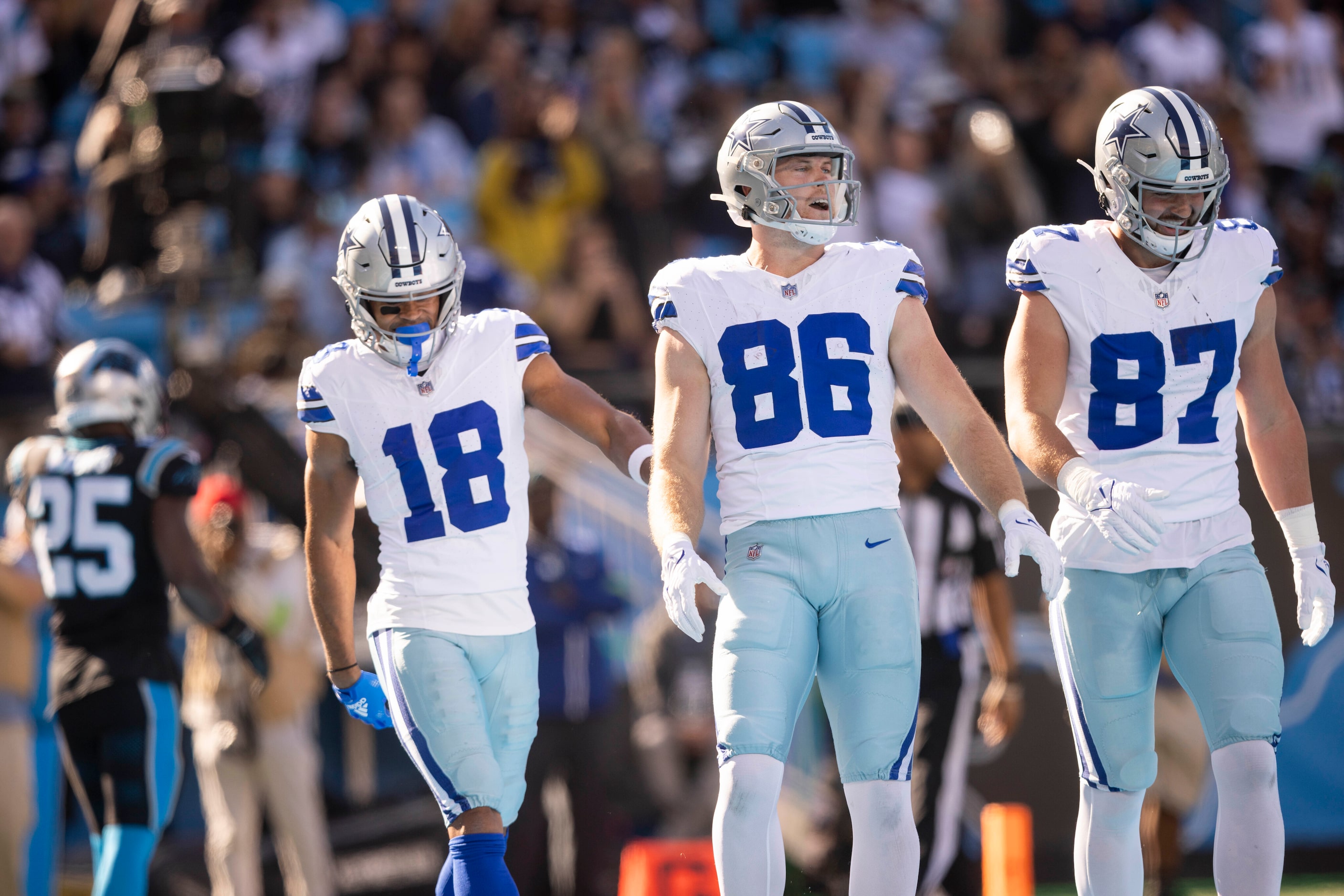 Dallas Cowboys wide receiver Jalen Tolbert (18), Dallas Cowboys tight end Luke Schoonmaker...