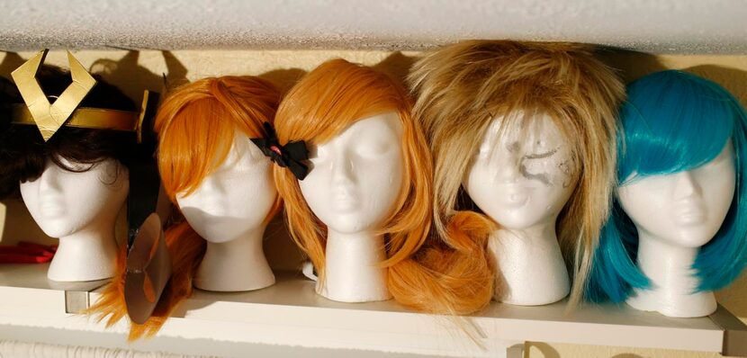 
A collection of wigs that Reese Kirkham wears for her many costumes at her home in...