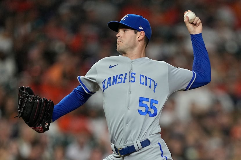Kansas City Royals starting pitcher Cole Ragans throws against the Houston Astros during the...