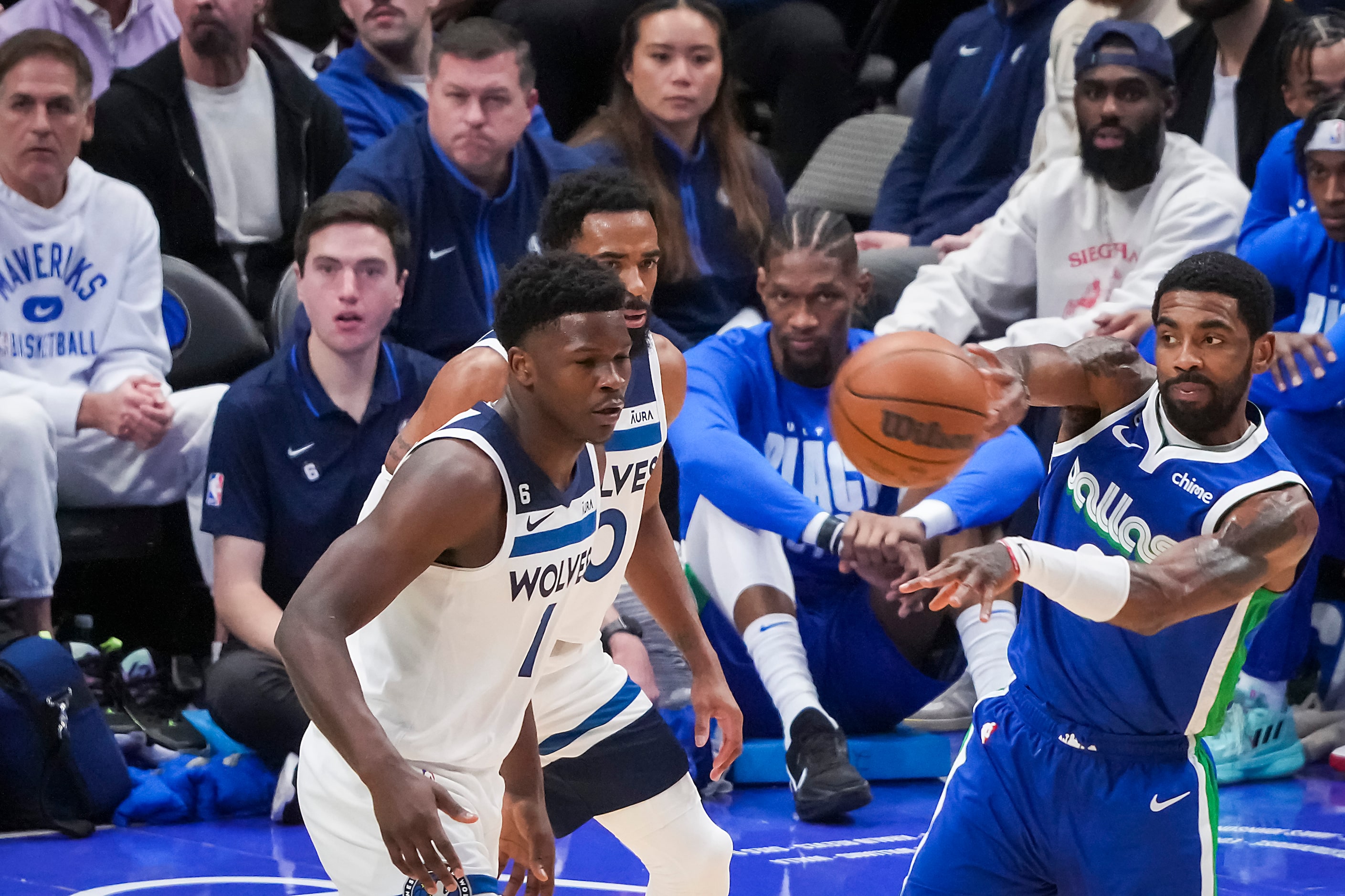 Dallas Mavericks guard Kyrie Irving (2) passes the ball as Minnesota Timberwolves guard...