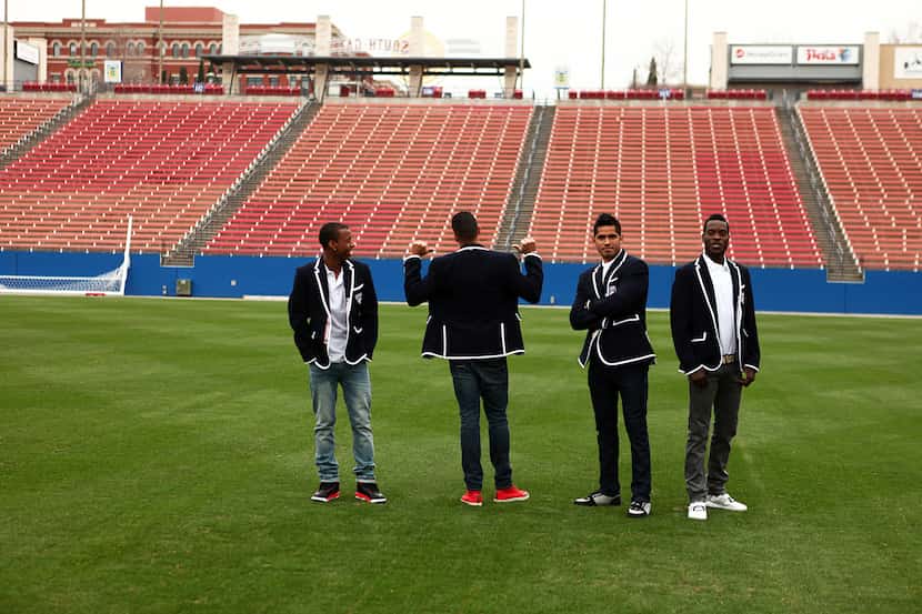 Kellyn Acosta, Blas Perez, Raul Fernandez and Je-Vaughn Watson pose during FC Dallas' 2013...