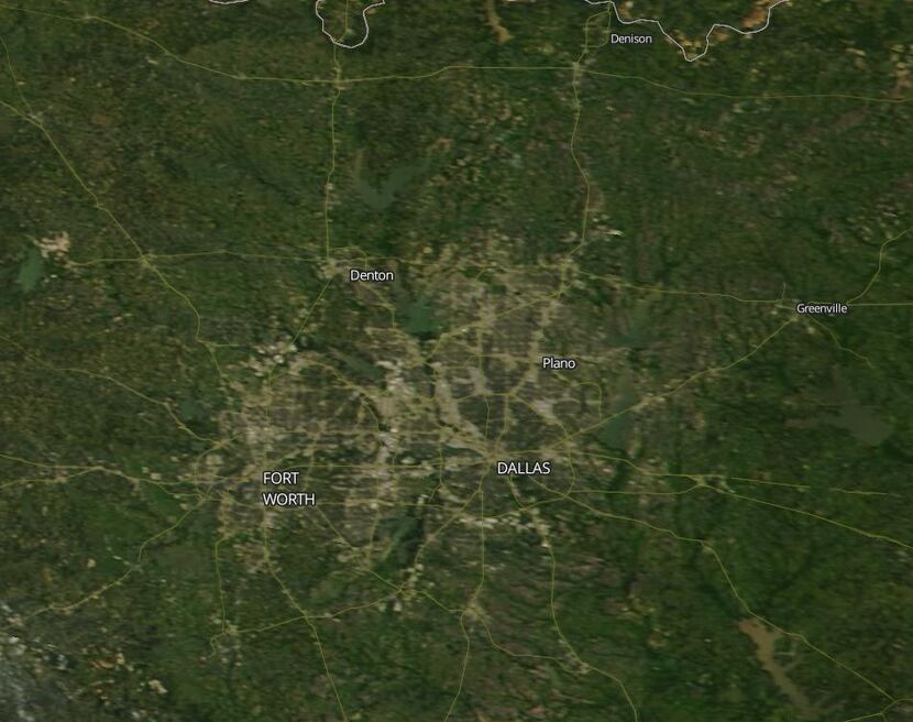 An image of Dallas-Fort Worth taken from space during the third week of April.