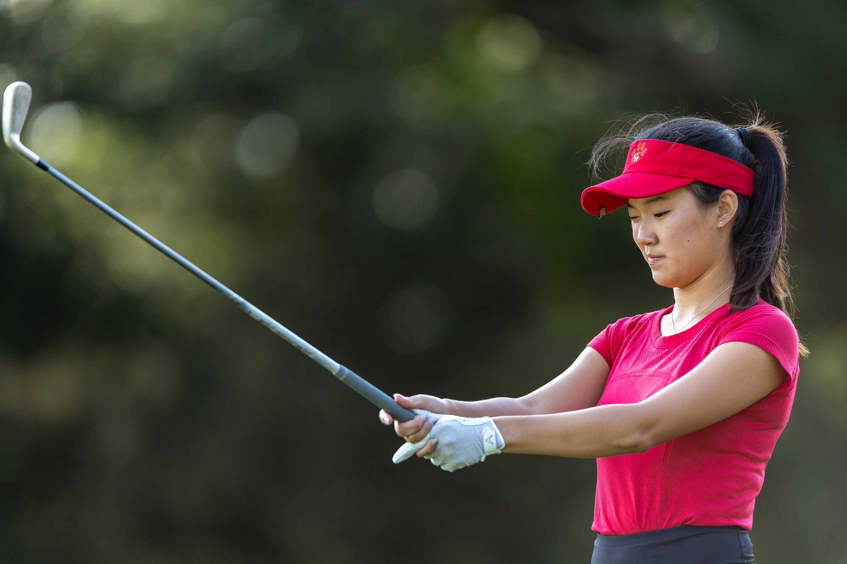 Colleyville Heritage Cindey Xiao hits from the 3rd tee box during the 5A girls state golf...