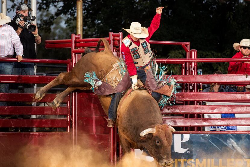 Dakota Cator of Gruver, Texas, participates in the Rodeo Bull Blowout at the 2015 North...
