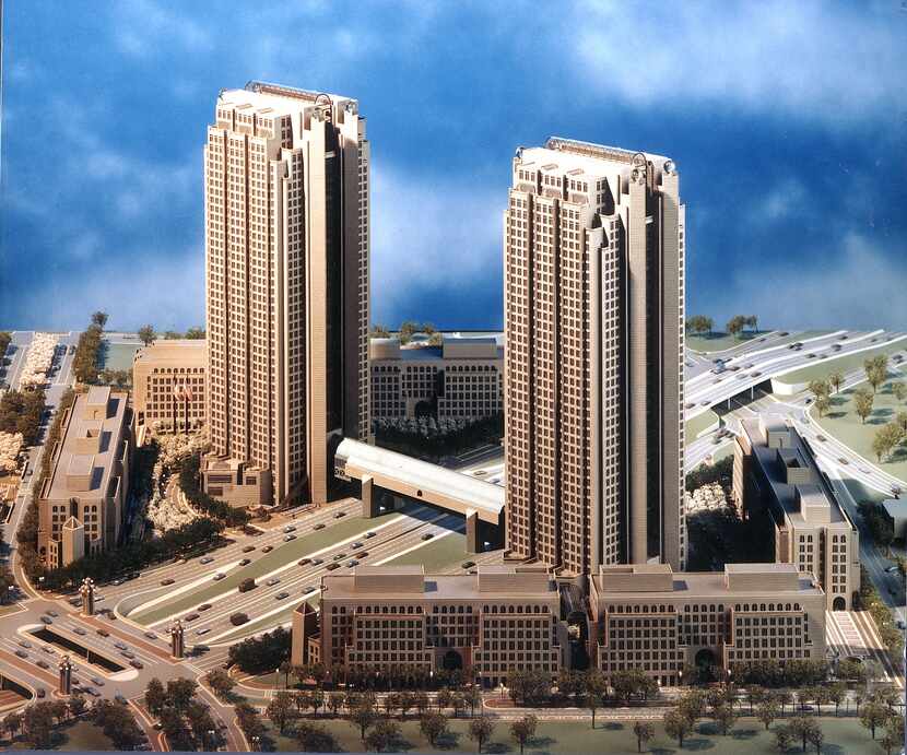 The original artist's model of Cityplace showed two 42-story towers. only one was built.  
