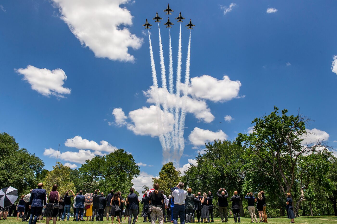 The United States Air Force Air Demonstration Squadron “Thunderbirds” perform a ceremonial...