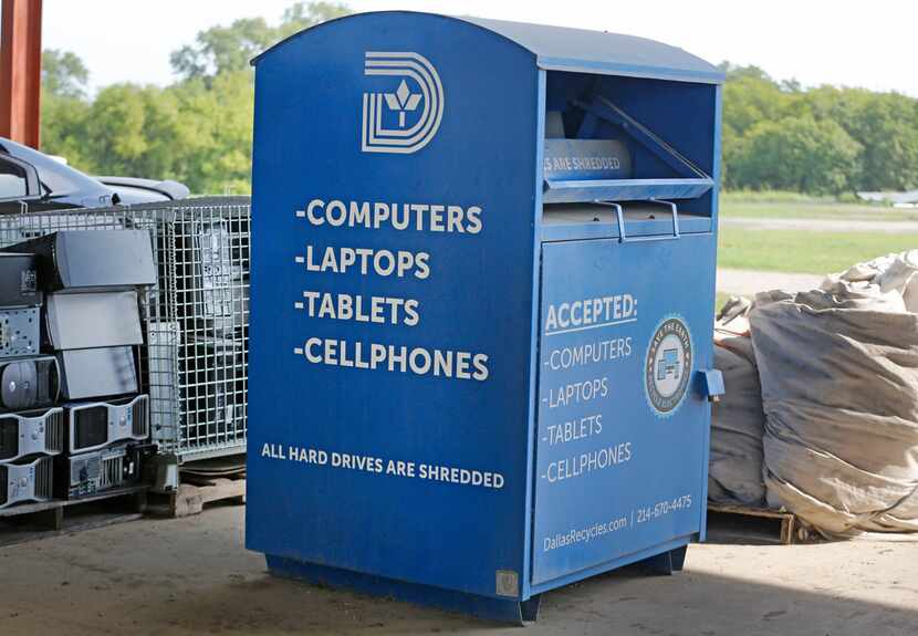 A receptacle  for electronics stands at the McCommas Bluff Landfill at 5100 Youngblood Road...