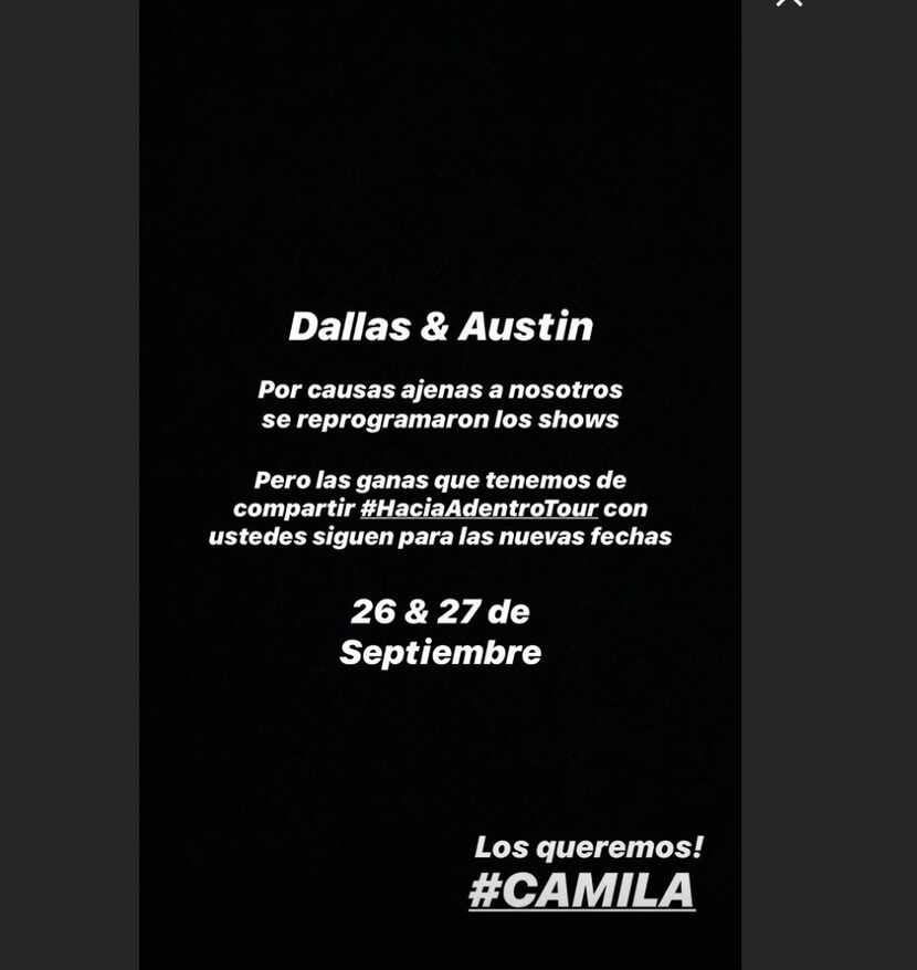 Camila anunció el cambio de fecha de su concierto en Dallas en sus stories.