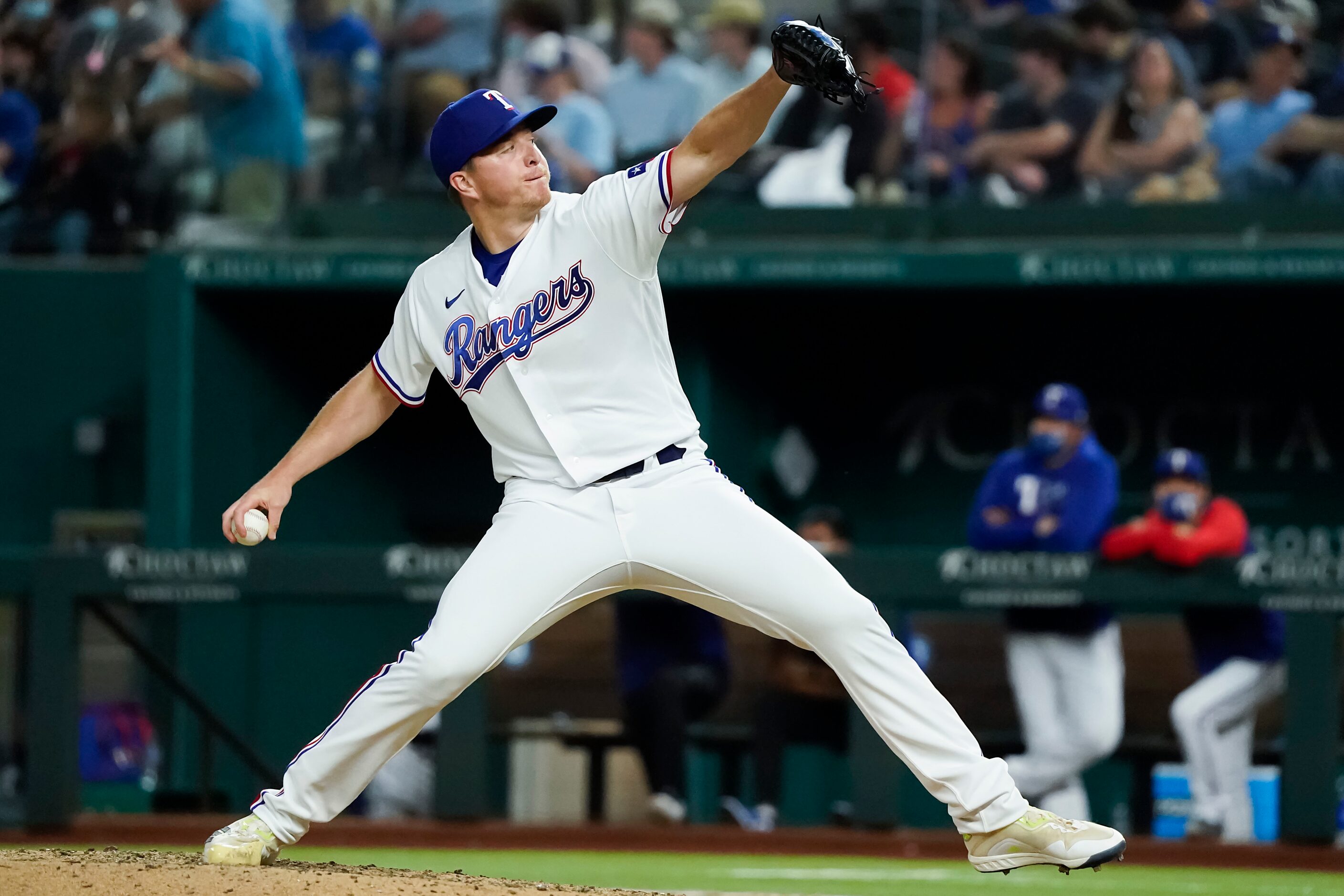 Texas Rangers pitcher Josh Sborz delivers during the seventh inning against the San Diego...