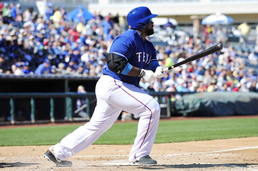 March 8, 2014; Surprise, AZ, USA; Texas Rangers first baseman Prince Fielder (84) at bat in...