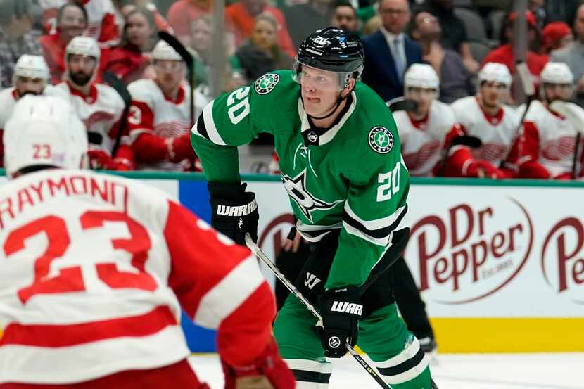 Detroit Red Wings right wing Lucas Raymond (23) looks on as Dallas Stars defenseman Ryan...