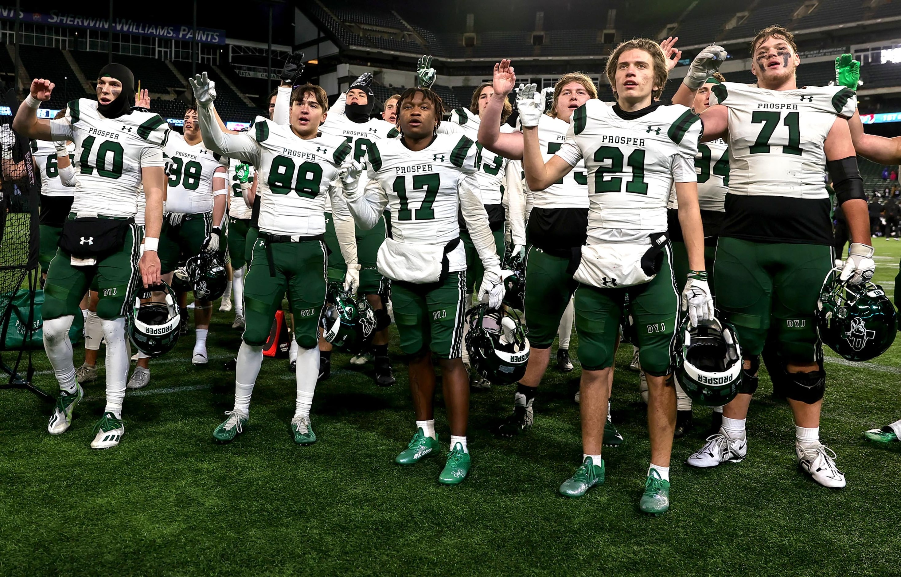 The Prosper Eagles celebrate their victory over North Crowley, 35-21 in the Class 6A...