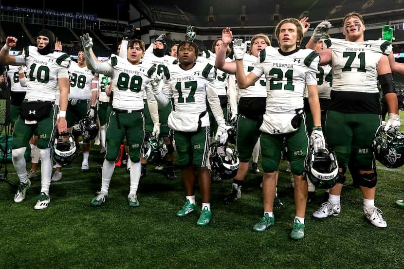 The Prosper Eagles celebrate their victory over North Crowley, 35-21 in the Class 6A...