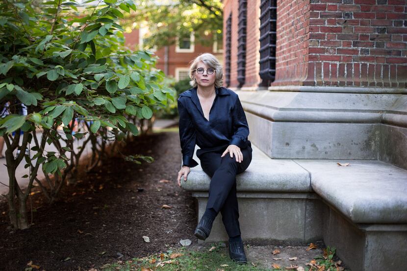 Historian and author Jill Lepore sits outside the Widener Library at Harvard University on...