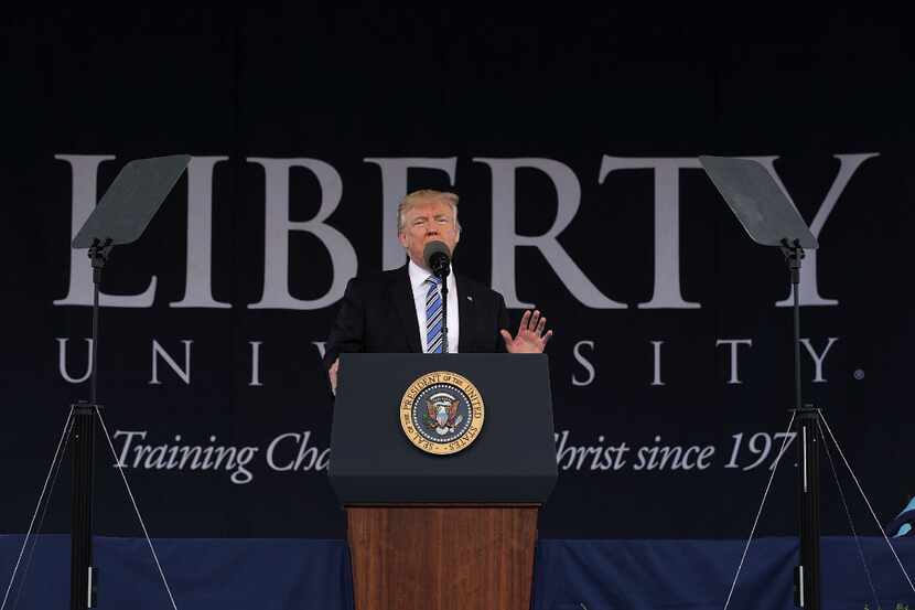 LYNCHBURG, VA - MAY 13:  U.S. President Donald Trump delivers keynote address during the...