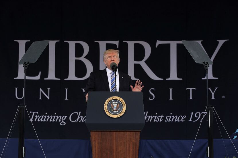 LYNCHBURG, VA - MAY 13:  U.S. President Donald Trump delivers keynote address during the...