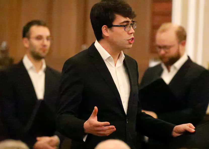 Owain Park, director for the vocal ensemble Gesualdo Six, talks to the audience at Church of...