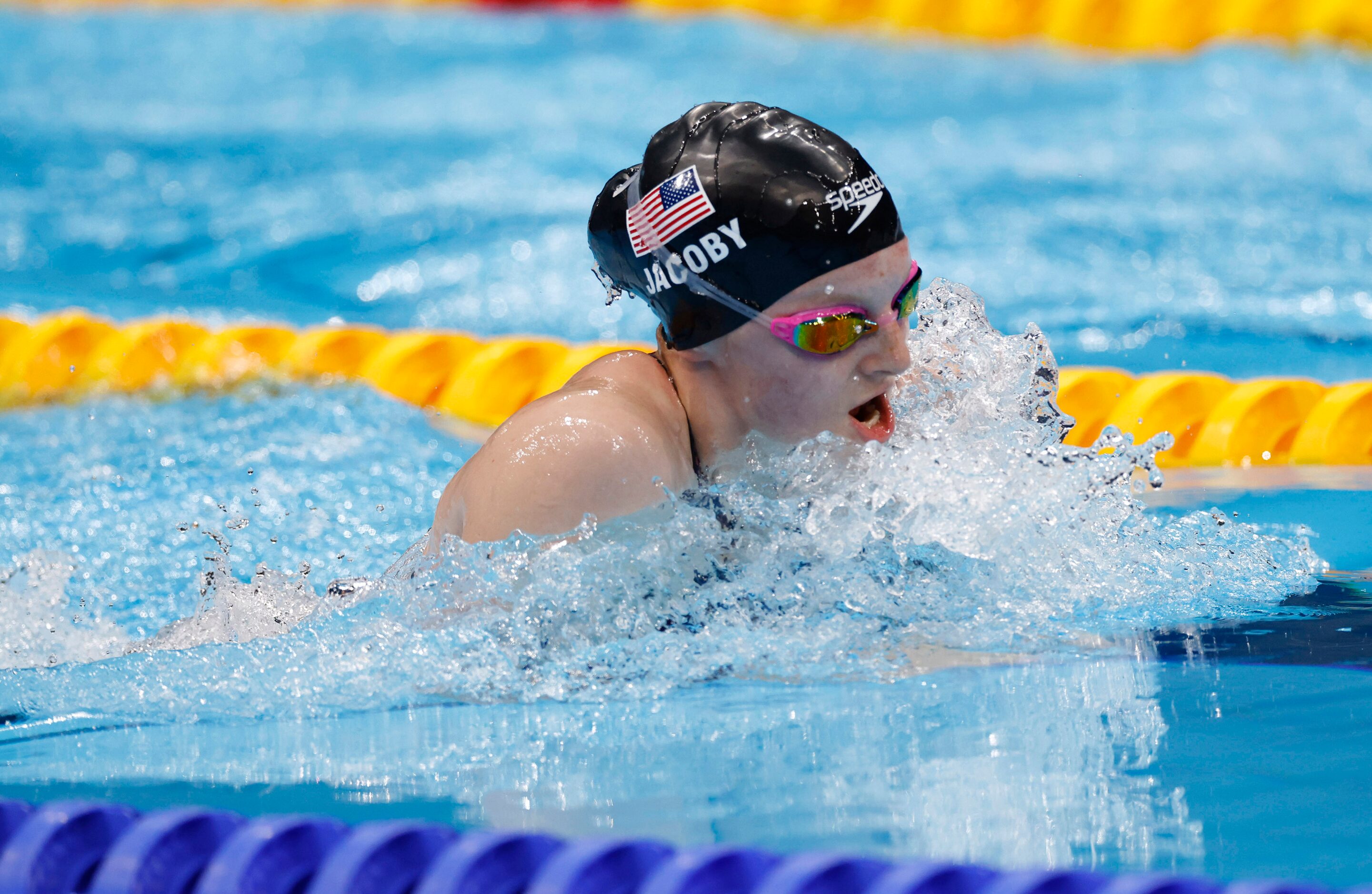 USA’s Lydia Jacoby competes in the women’s 100 meter breaststroke final during the postponed...