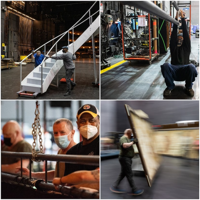 A group of stage hands and carpenters work to prepare the set for Puccini's 'Madame...