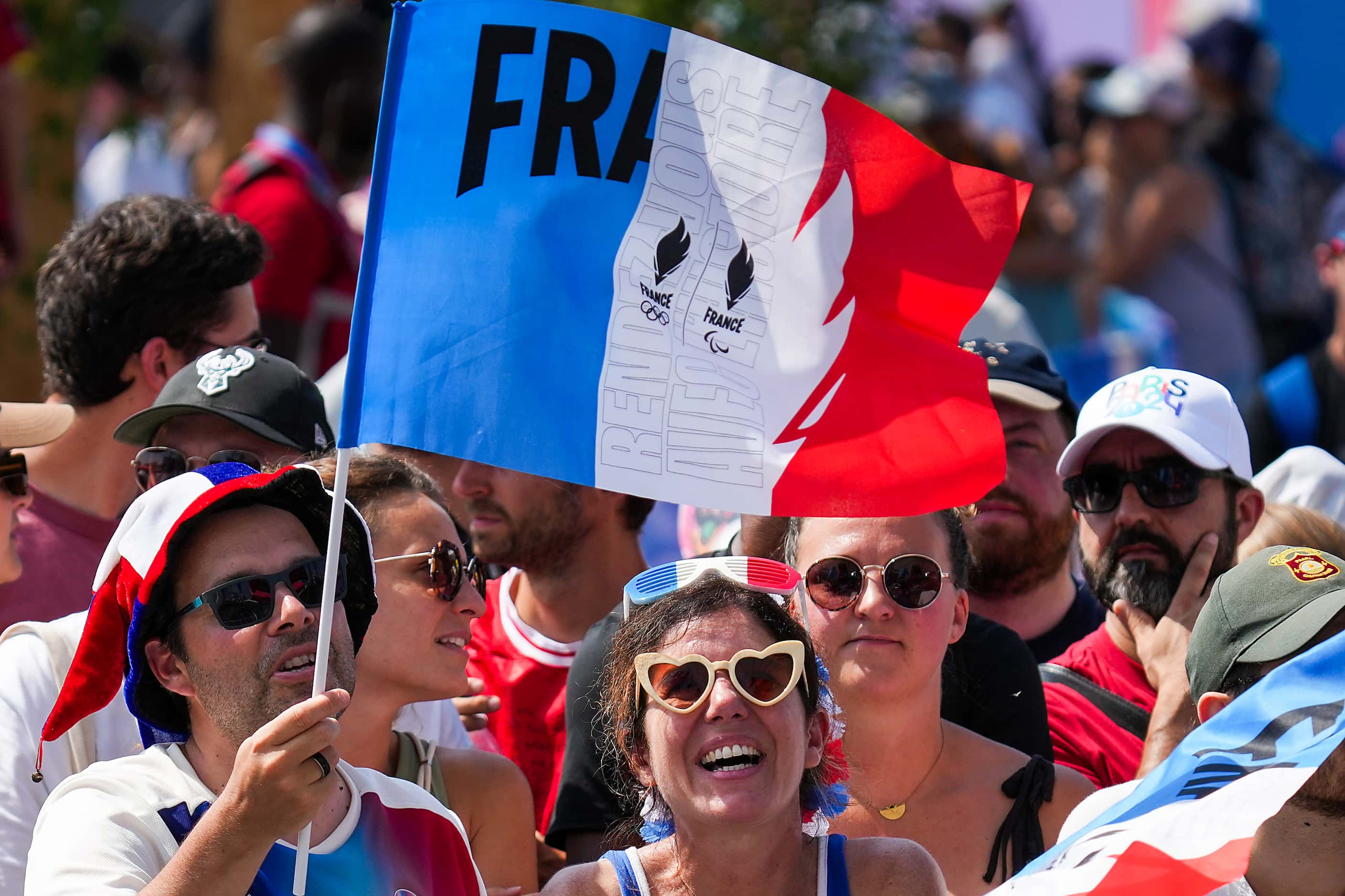 Fans cheer for France during a 3x3 basketball match against Azerbaijan at the 2024 Summer...