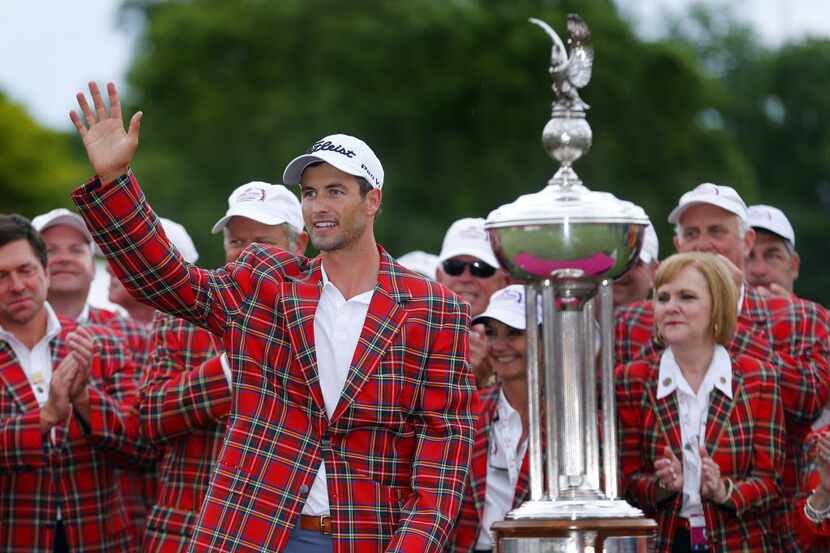 Adam Scott of Australia waves to the fans after winning the PGA Crowne Plaza Invitational at...