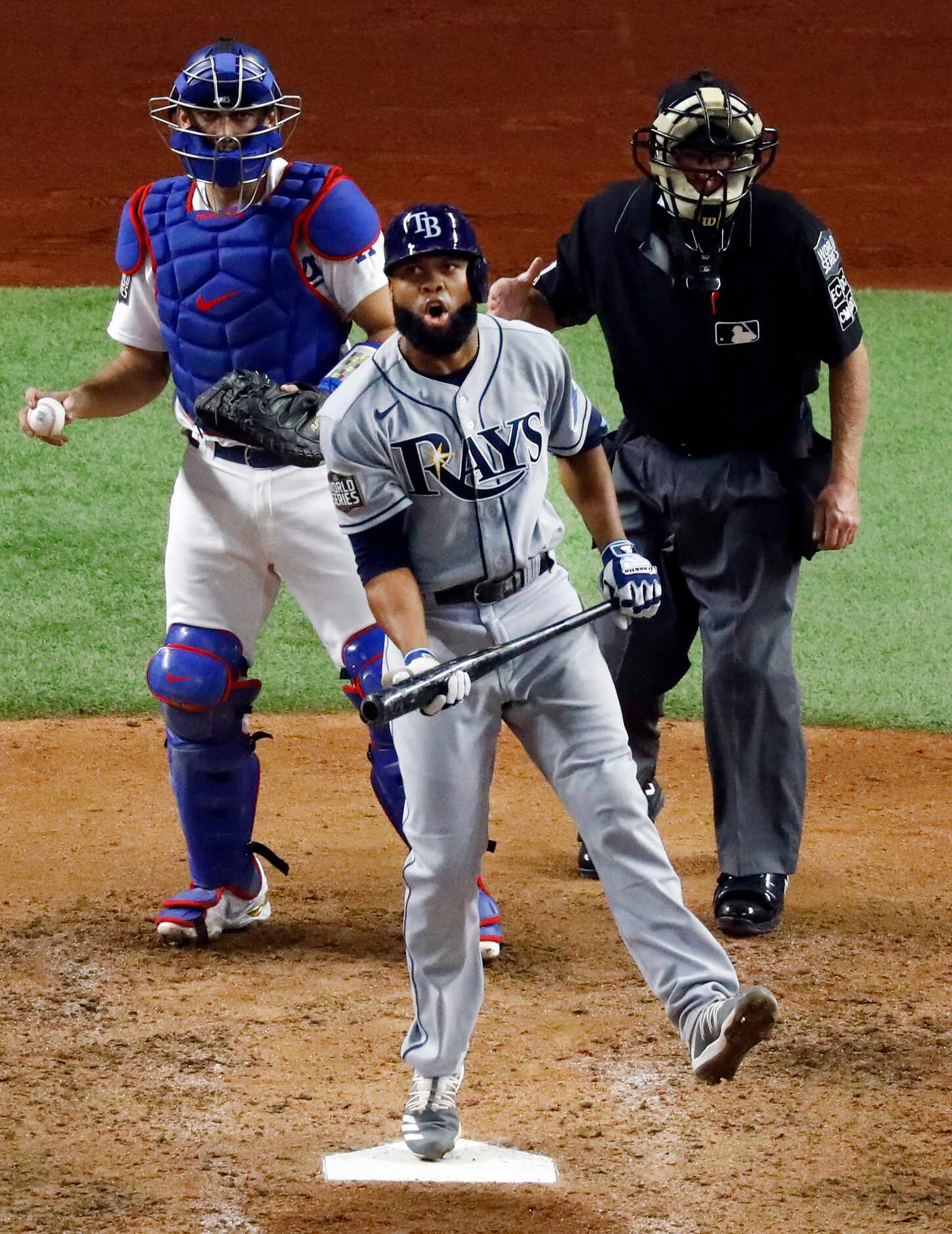 Tampa Bay Rays right fielder Manuel Margot (13) reacts after striking out to Los Angeles...