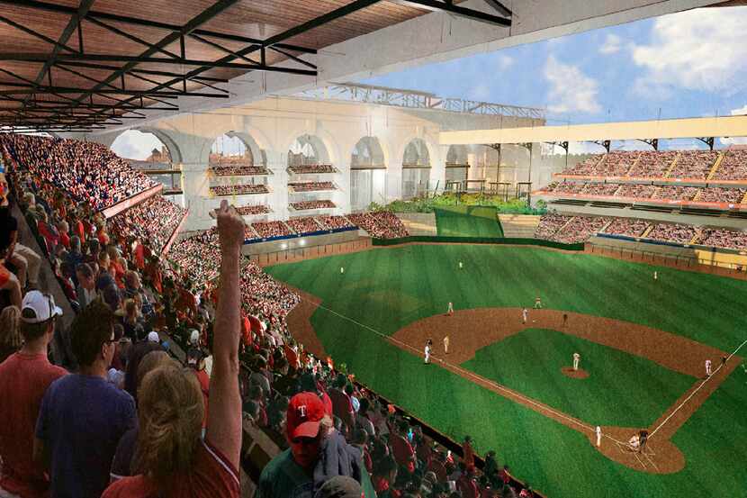 Preliminary designs provided by HKS Inc. for a new Texas Rangers ballpark show off a broad...