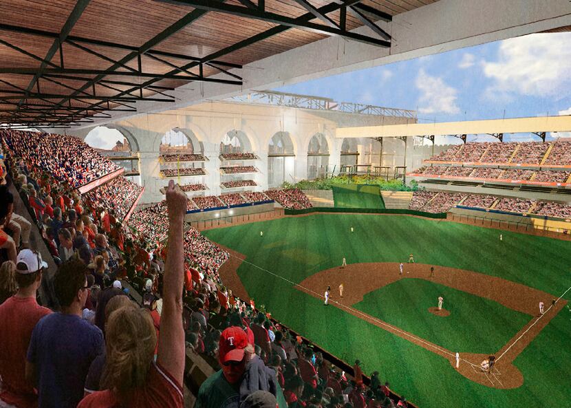 Preliminary designs for a new Texas Rangers ballpark, provided by architecture firm HKS,...