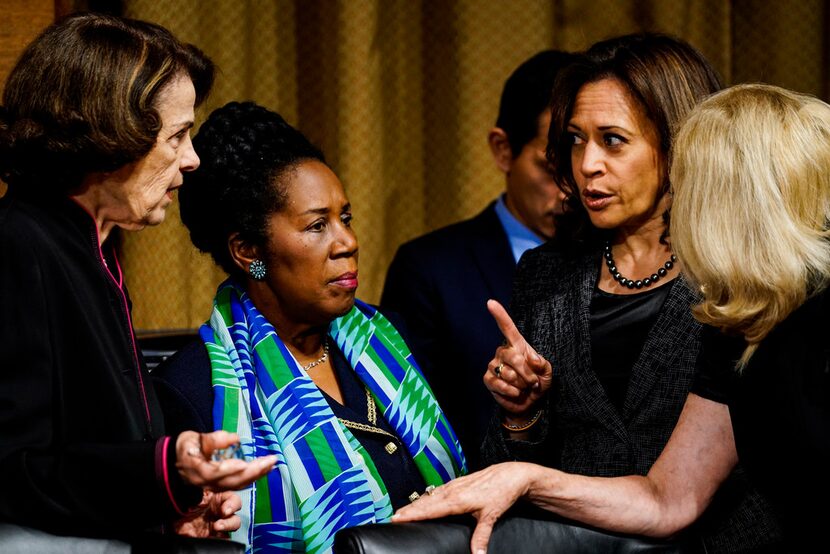 Rep. Sheila Jackson Lee, D-Houston (center) spoke with California Sens. Dianne Feinstein...