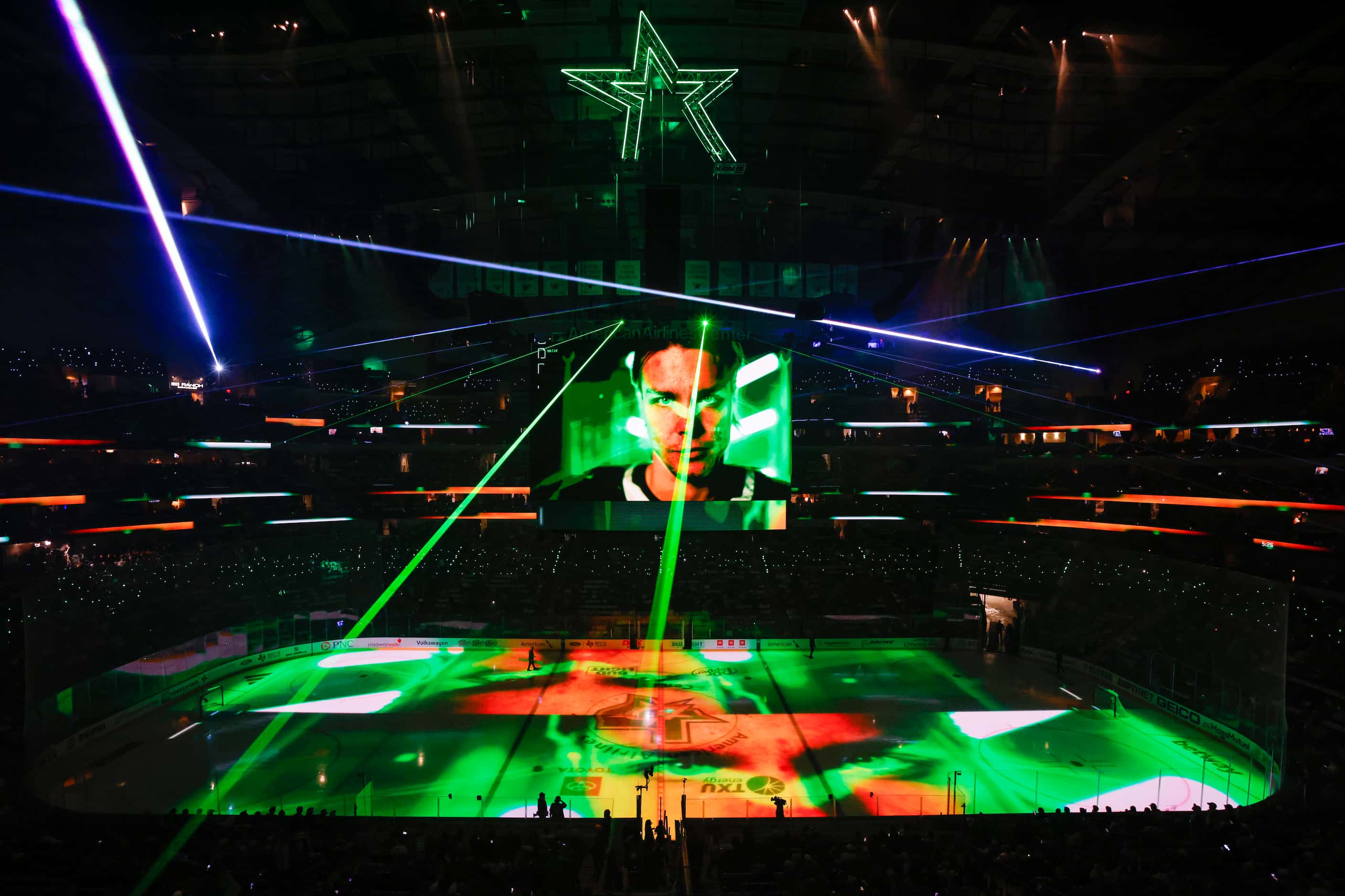Dallas Stars defenseman Miro Heiskanen is seen on the video board before Game 1 of the NHL...