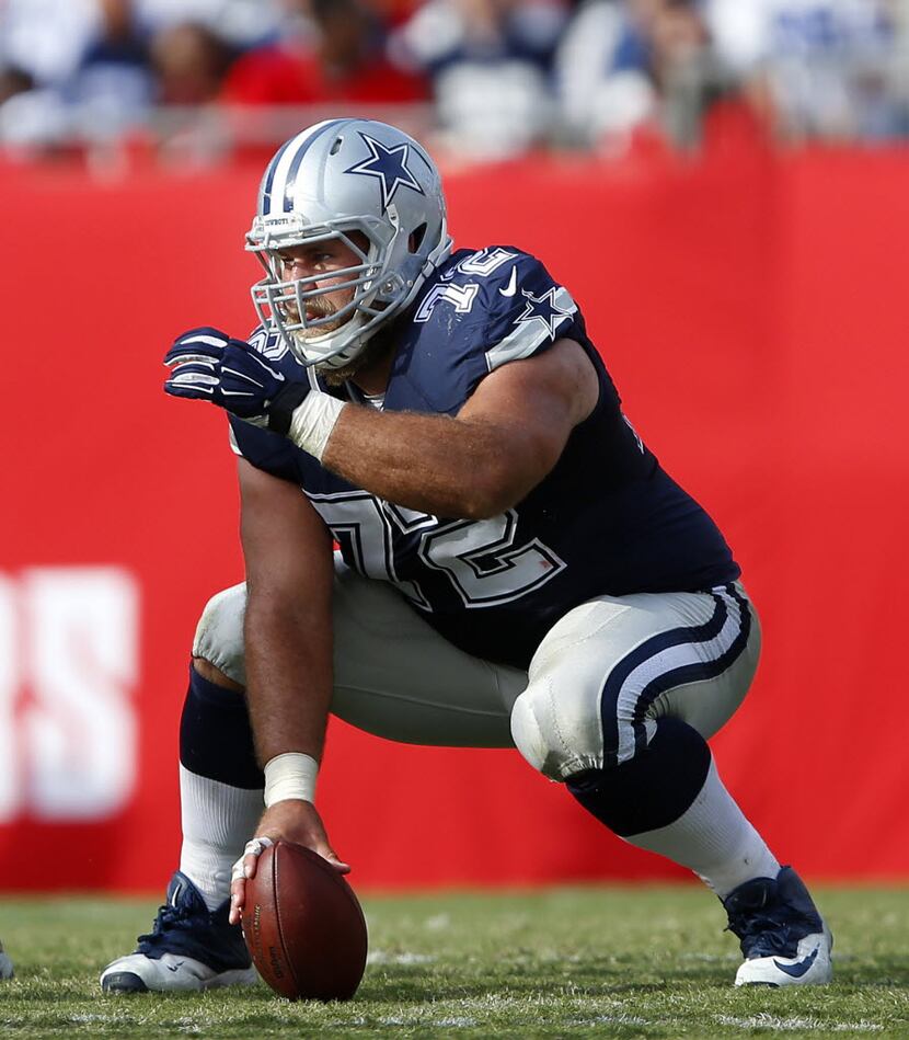 Dallas Cowboys center Travis Frederick (72) looks over the Tampa Bay Buccaneers defense in...