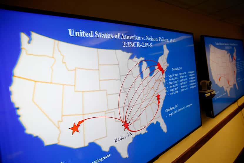 A map shows when and where individuals transported fake contraband out of DFW International...