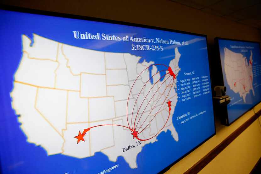 A map shows when and where individuals transported fake contraband out of DFW International...
