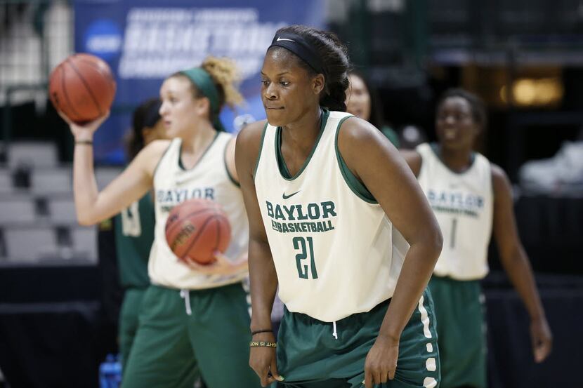 FILE - Baylor's Kalani Brown warms up during practice at American Airlines Center in Dallas,...