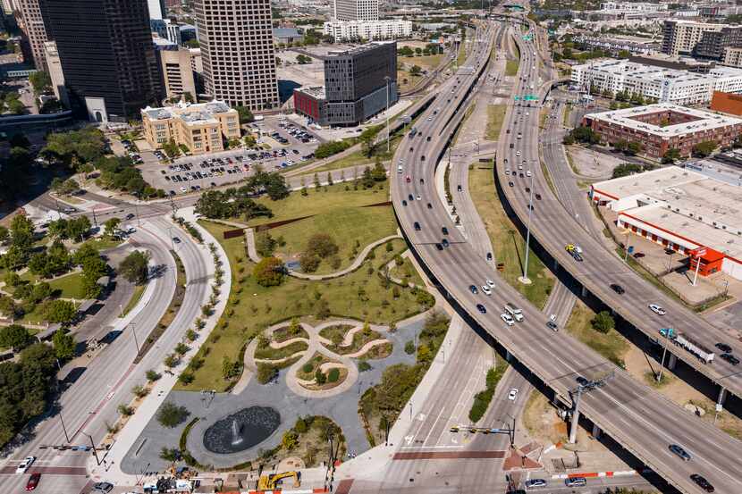 An overhead photo of I-345 east of downtown Dallas in October 2022.