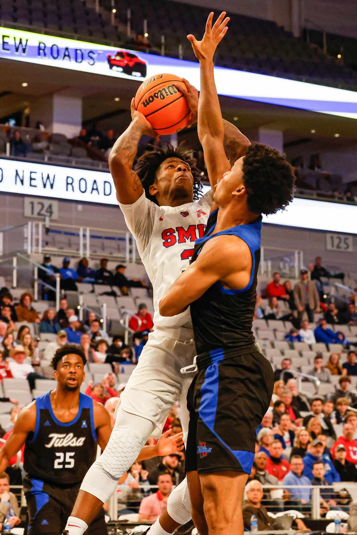 Southern Methodist Mustangs guard Kendric Davis (3) goes for a shot as Tulsa Golden...