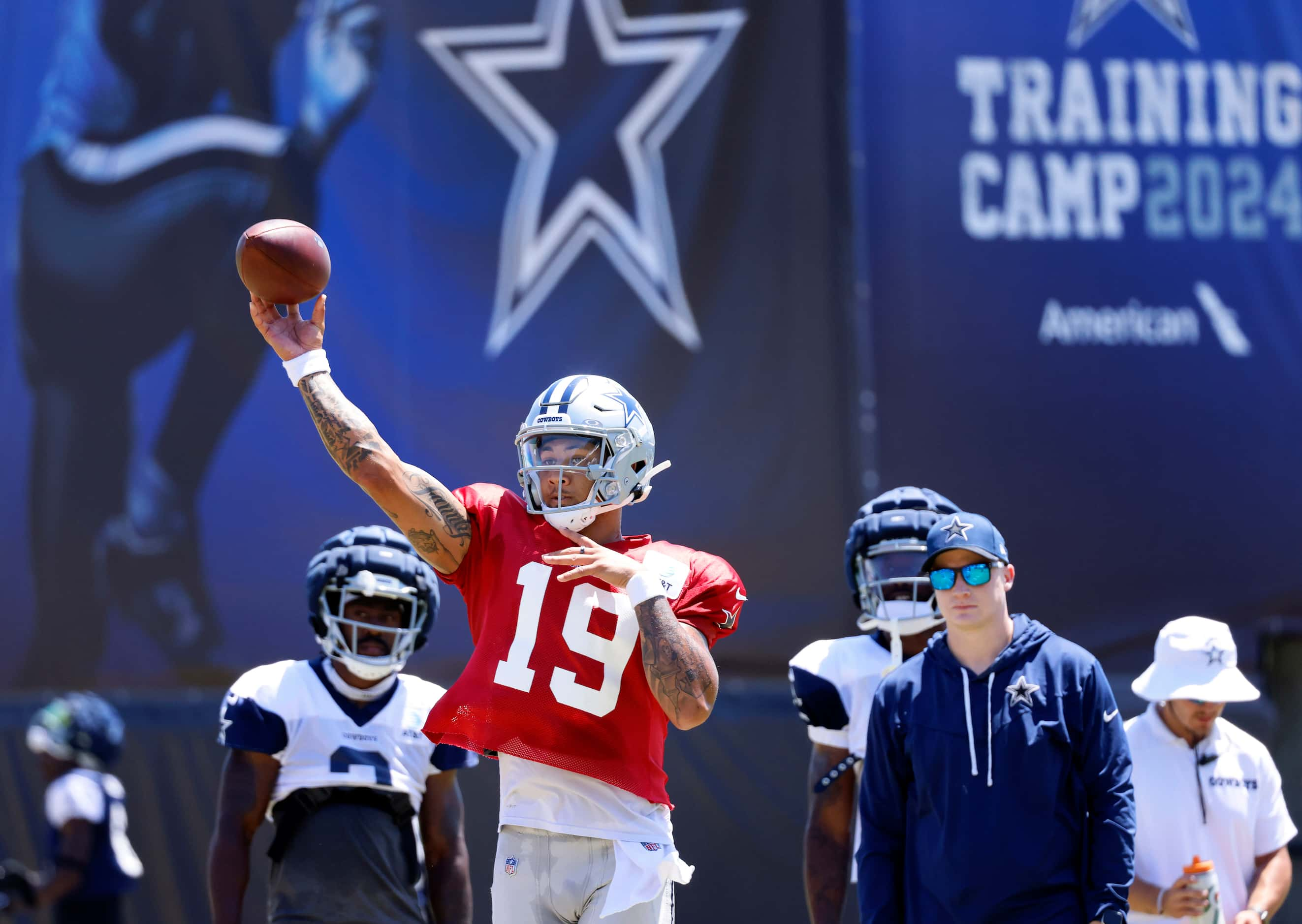 Dallas Cowboys quarterback Trey Lance (19) throws a deep ball during red zone offensive...