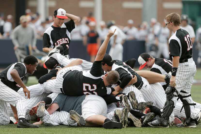 Mansfield Legacy celebrate an 8-6 win over Forney in a high school playoff baseball game at...
