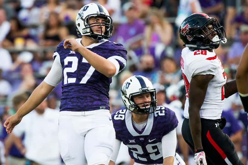 TCU place kicker Brandon Hatfield (27) reacts after missing a field goal attempt during the...