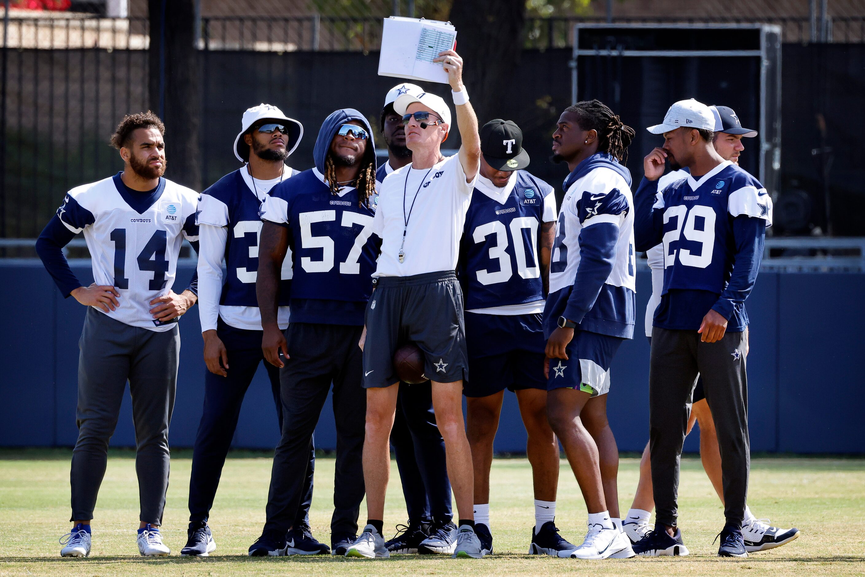 Dallas Cowboys special teams coach John Fossel calls a play with his team during a mock game...