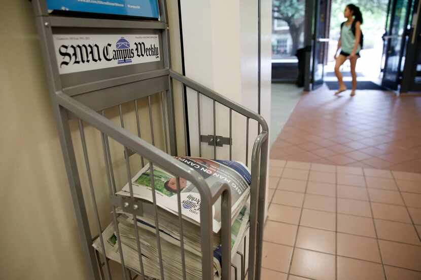 A stack of SMU Campus Weekly newspapers, produced by The Daily Campus, in the Hughes-Trigg...
